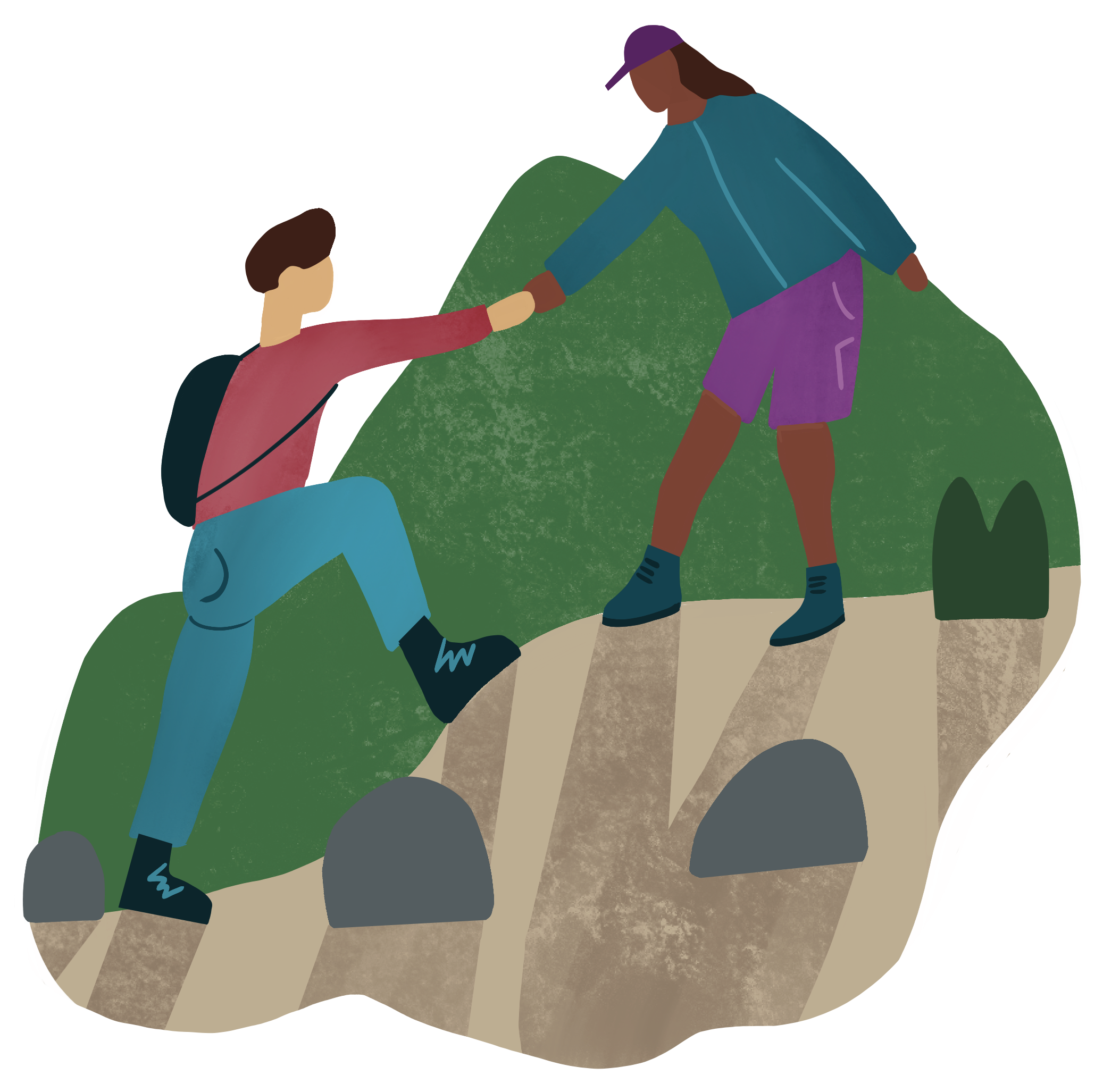 An illustration of two people on a rocky hillside. One person in a red jacket helps another in a blue jacket and shorts, conveying teamwork.